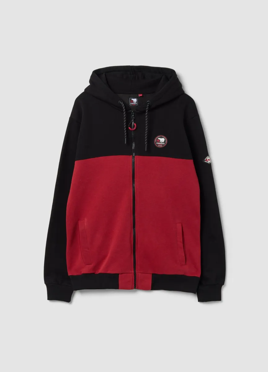 Felpa nera e rossa in misto cotone con cappuccio full zip