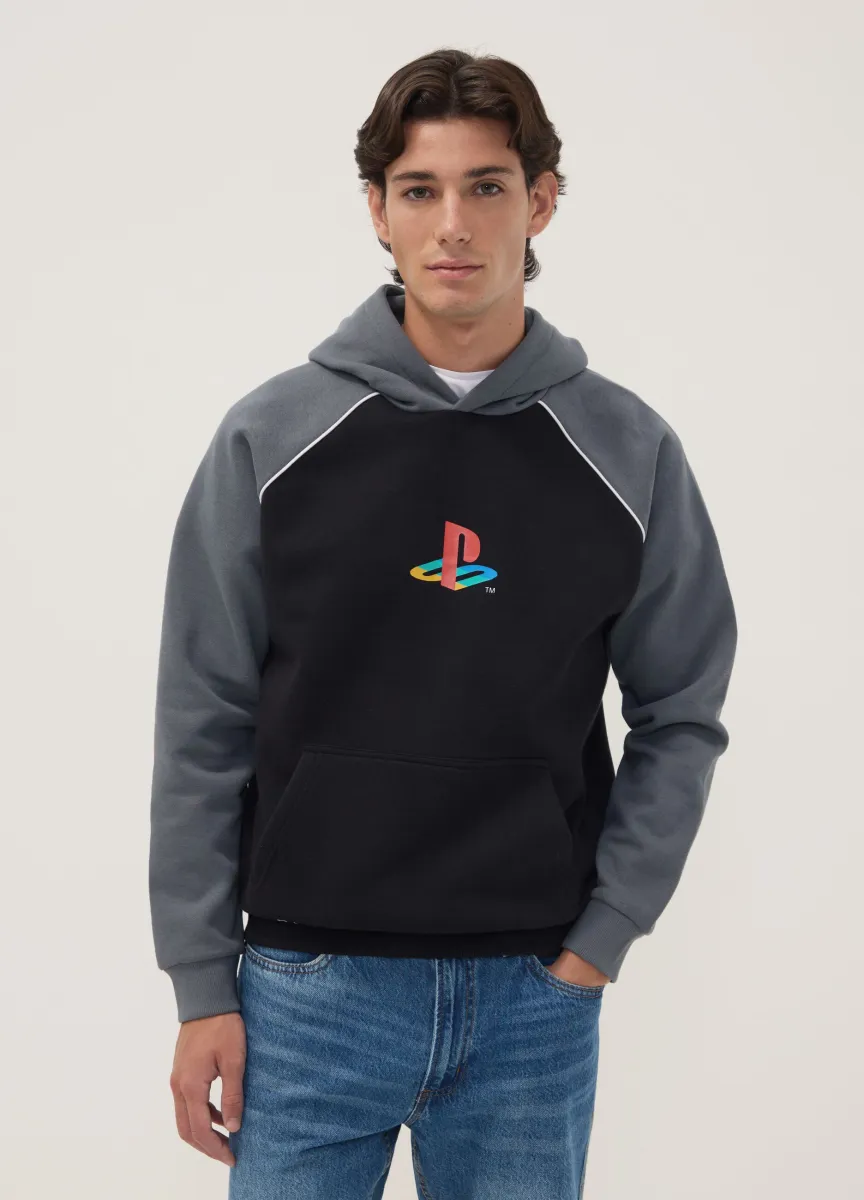 Felpa nera in misto cotone con cappuccio e stampa PlayStation