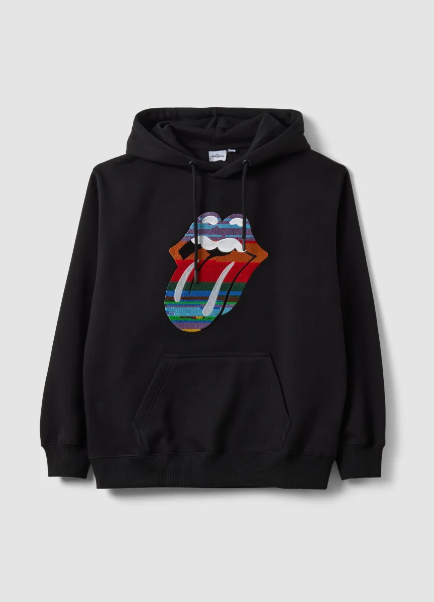 Felpa nera in misto cotone con cappuccio e stampa Rolling Stones