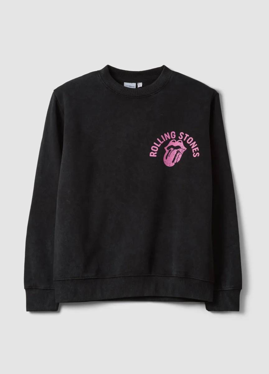 Felpa nera in misto cotone con stampa Rolling Stones