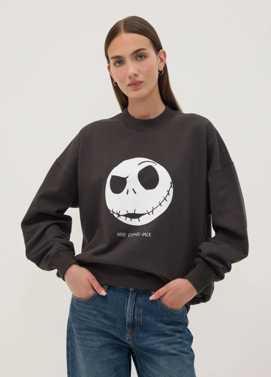 Felpa nera in puro cotone con stampa The Nightmare Before Christmas