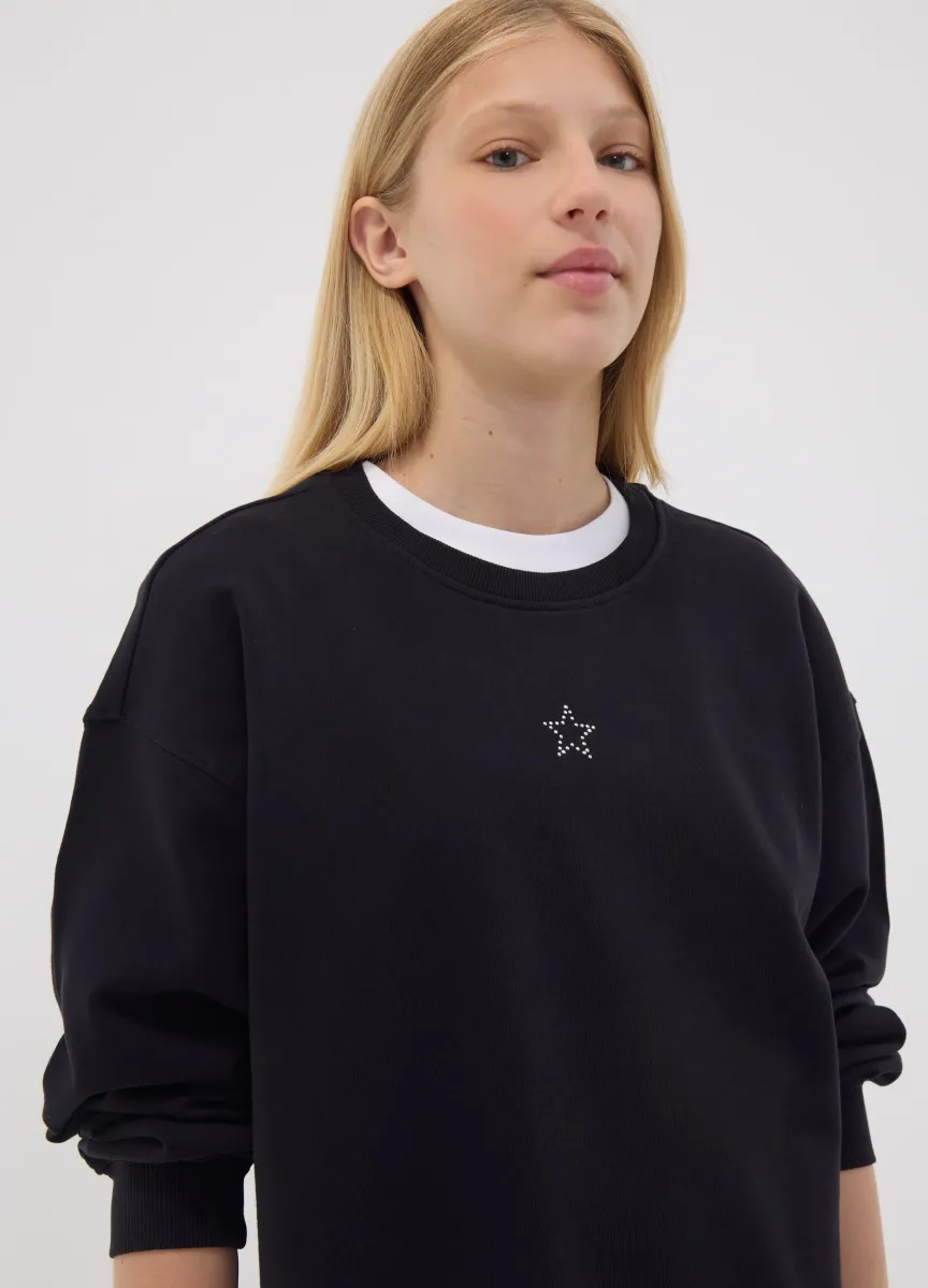 Felpa nera in puro cotone con stella per ragazza relaxed fit