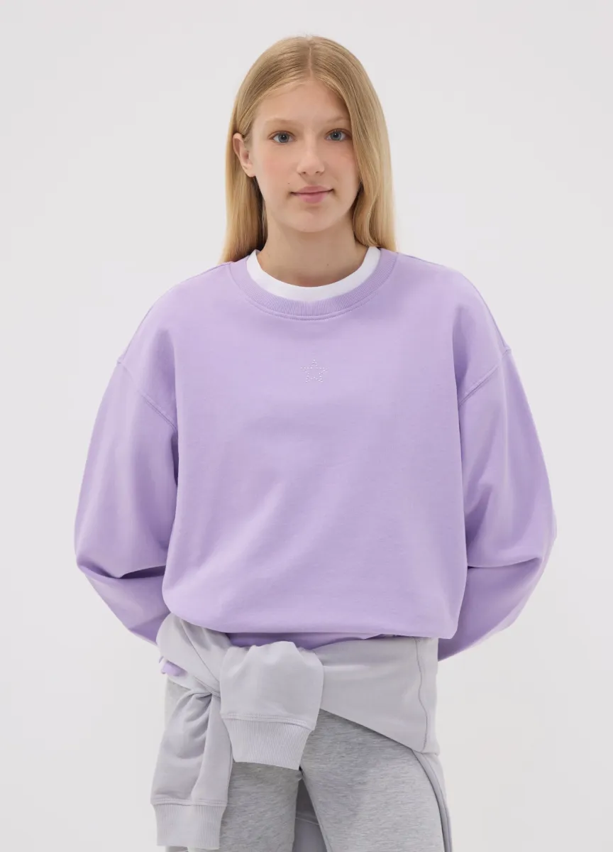 Felpa viola in puro cotone con stella per ragazza relaxed fit
