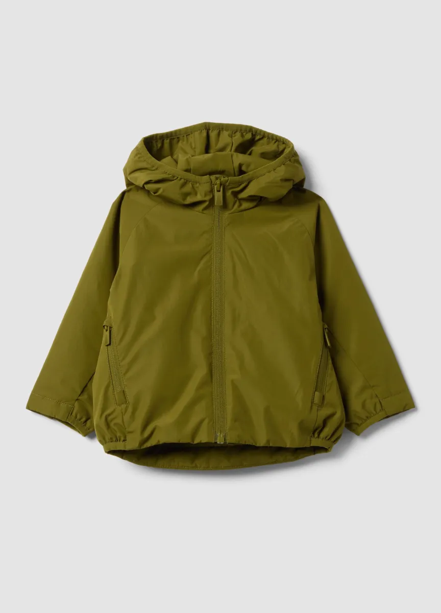 Giacca antipioggia idrorepellente verde con cappuccio e zip regular fit per bimbo