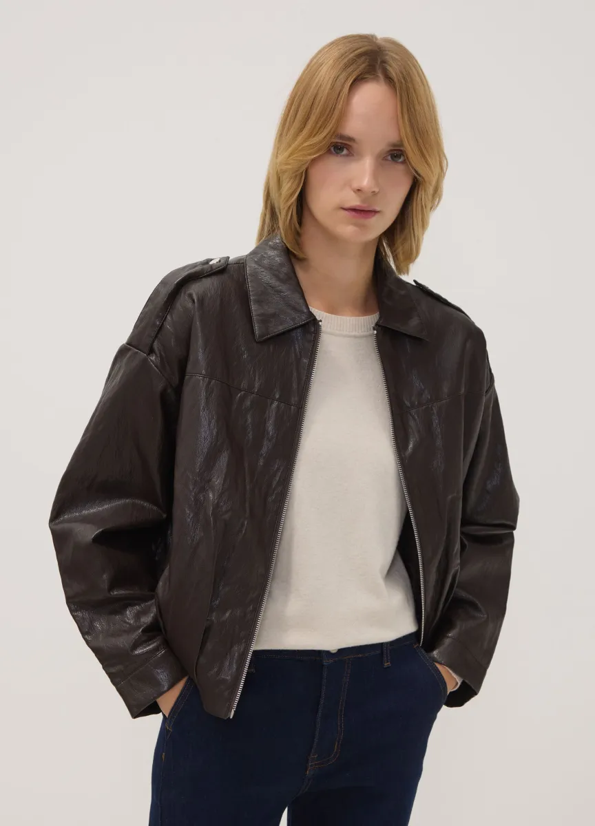 Giacca marrone in misto cotone con zip regular fit