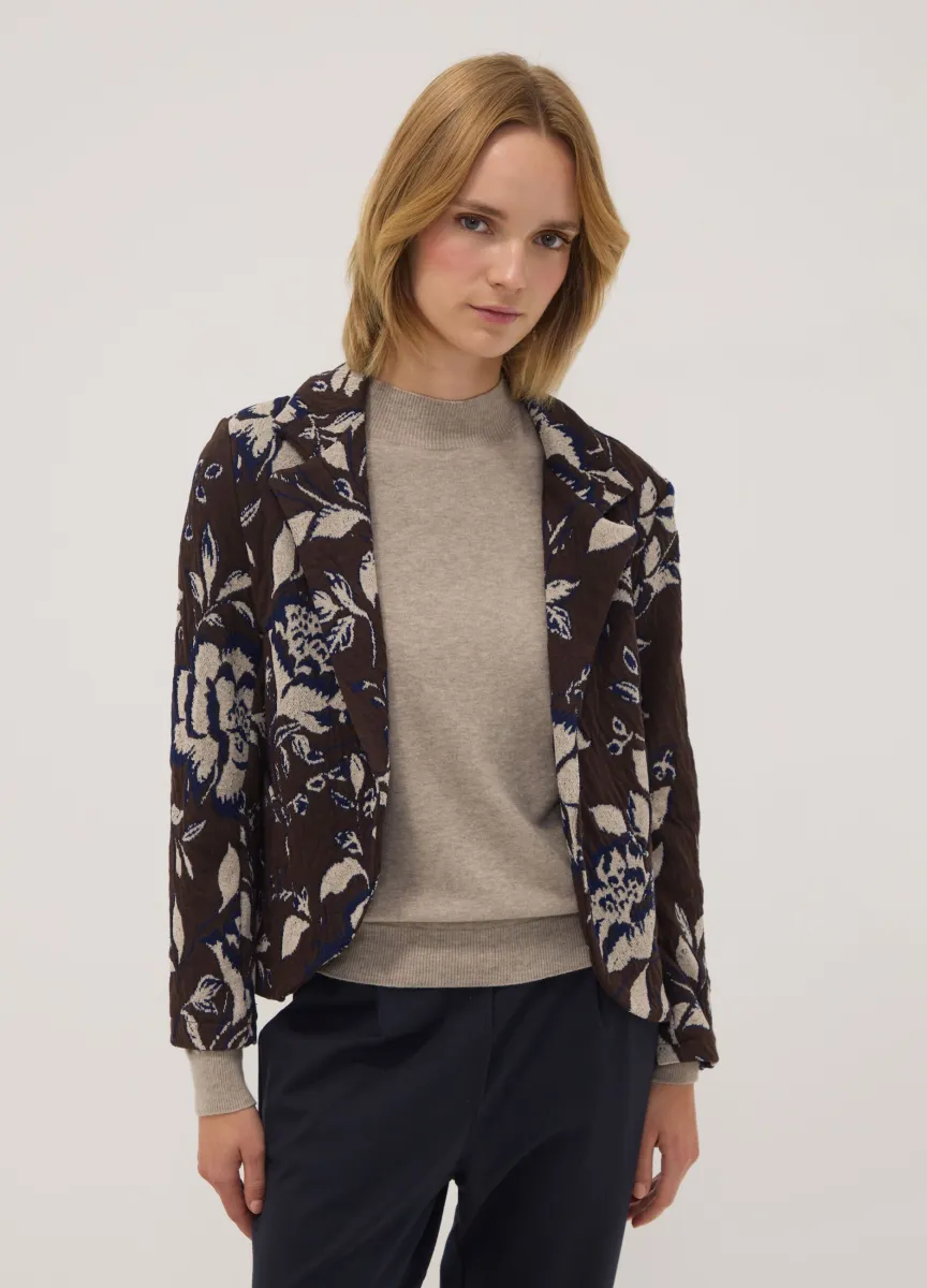 Giacca marrone in misto cotone elasticizzato con fantasia floreale regular fit