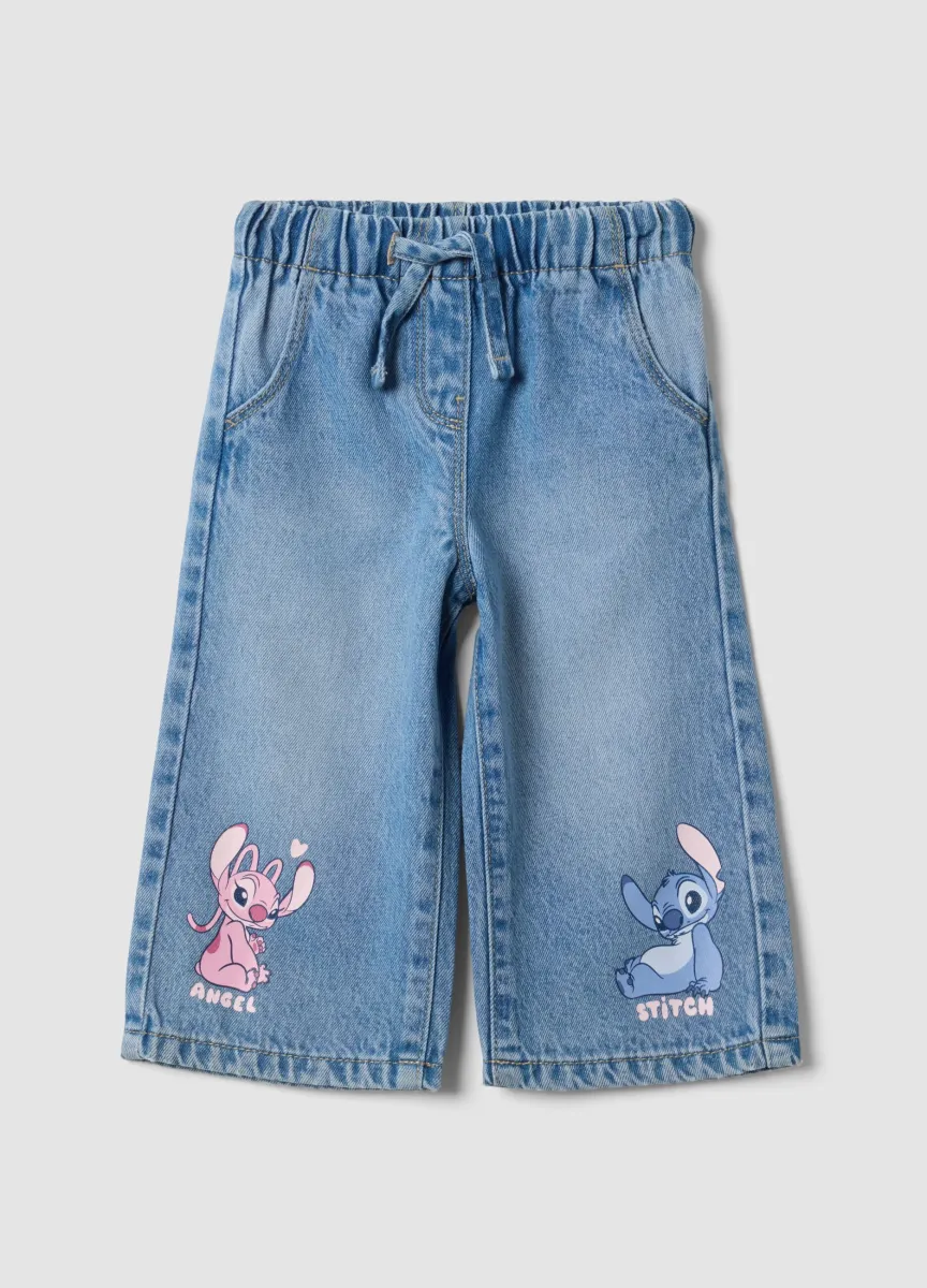 Jeans azzurri in misto cotone e lyocell con stampa Lilo & Stitch per bimba