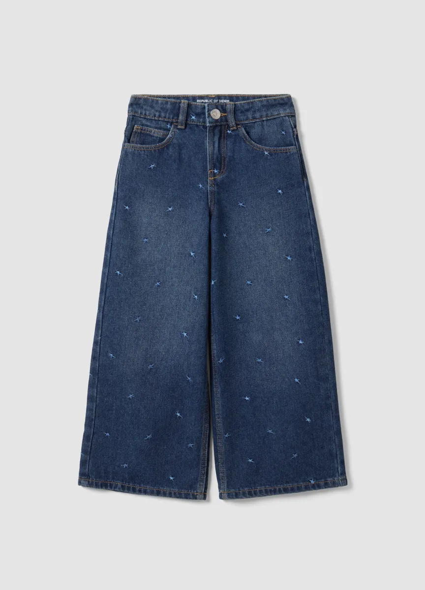 Jeans blu in misto cotone, viscosa e lyocell con ricami per bambina