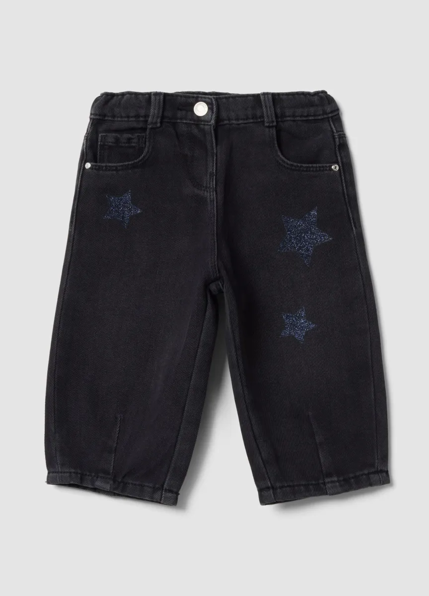 Jeans neri balloon fit in misto cotone e viscosa con stelle per bimba
