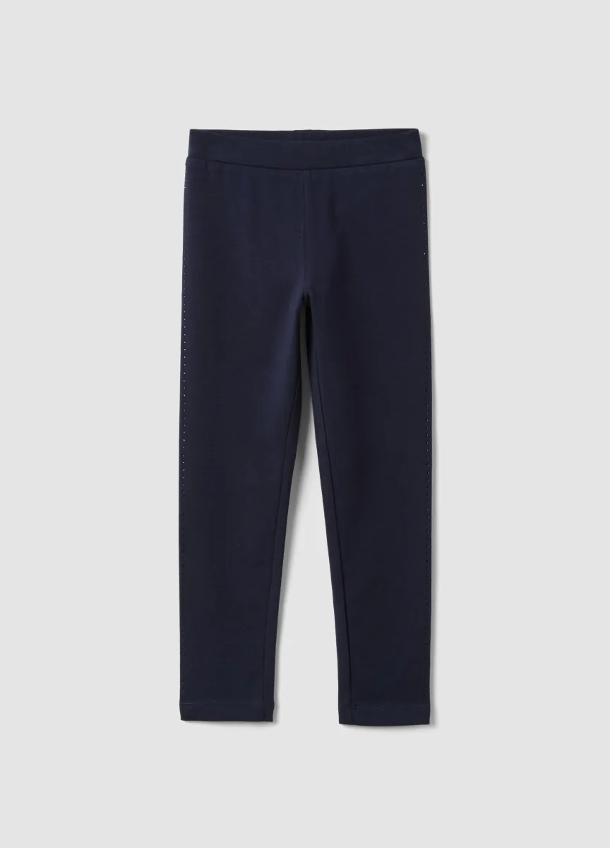 Leggings blu in cotone organico elasticizzato con strass per bambina