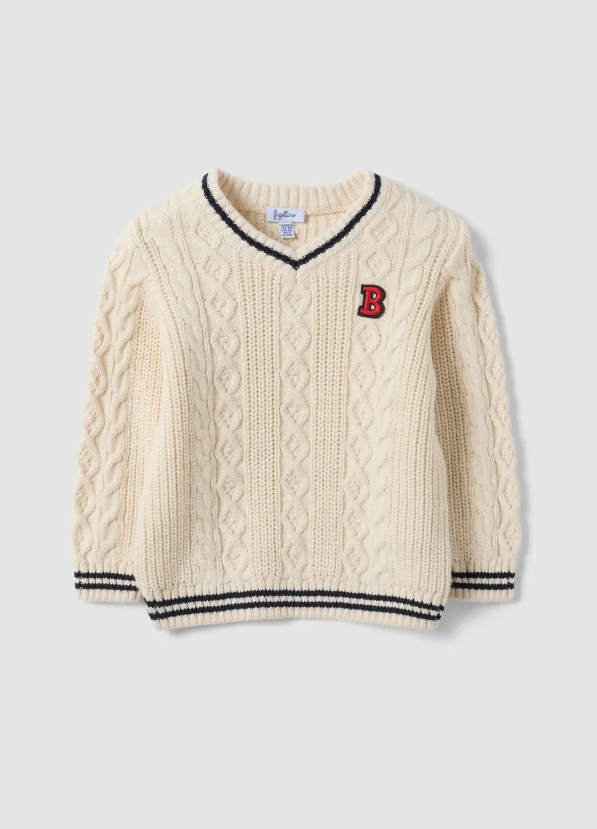 Maglia bianca in puro cotone a trecce con scollo a V per bimbo