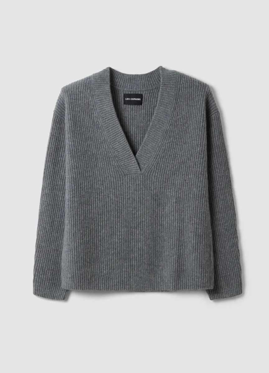 Maglia grigio melange scollo profondo a V in puro cashmere over fit