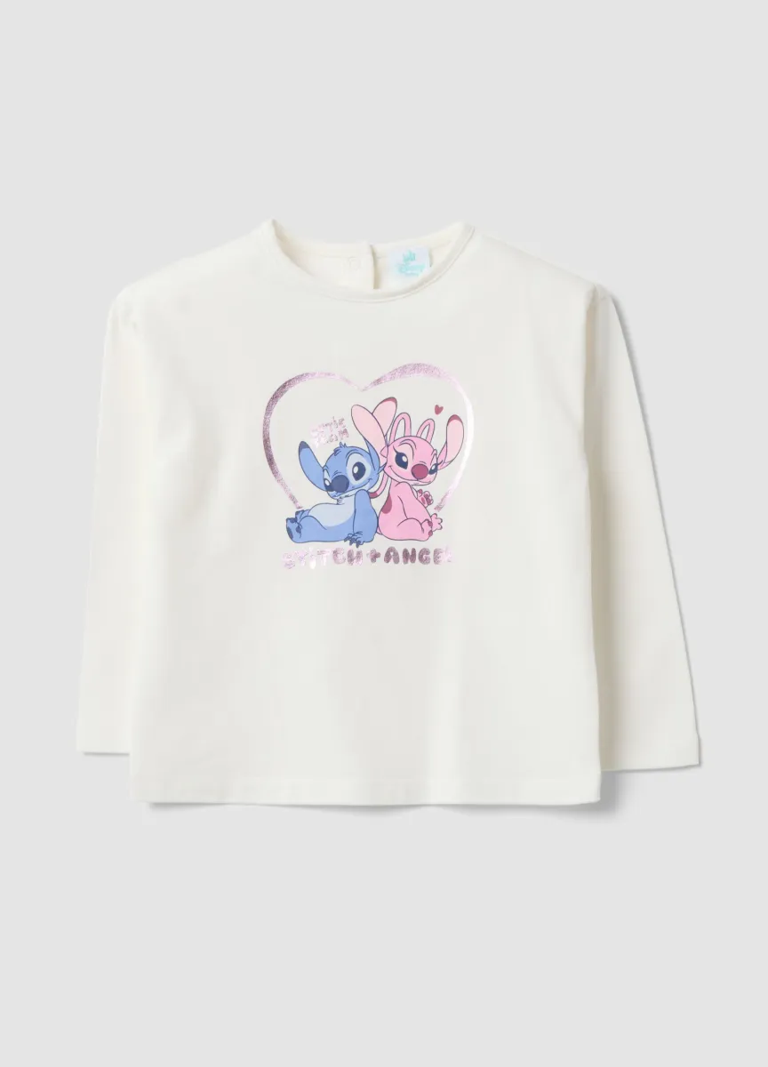 Maglietta bianca a maniche lunghe in cotone elasticizzato con stampa Lilo & Stitch
