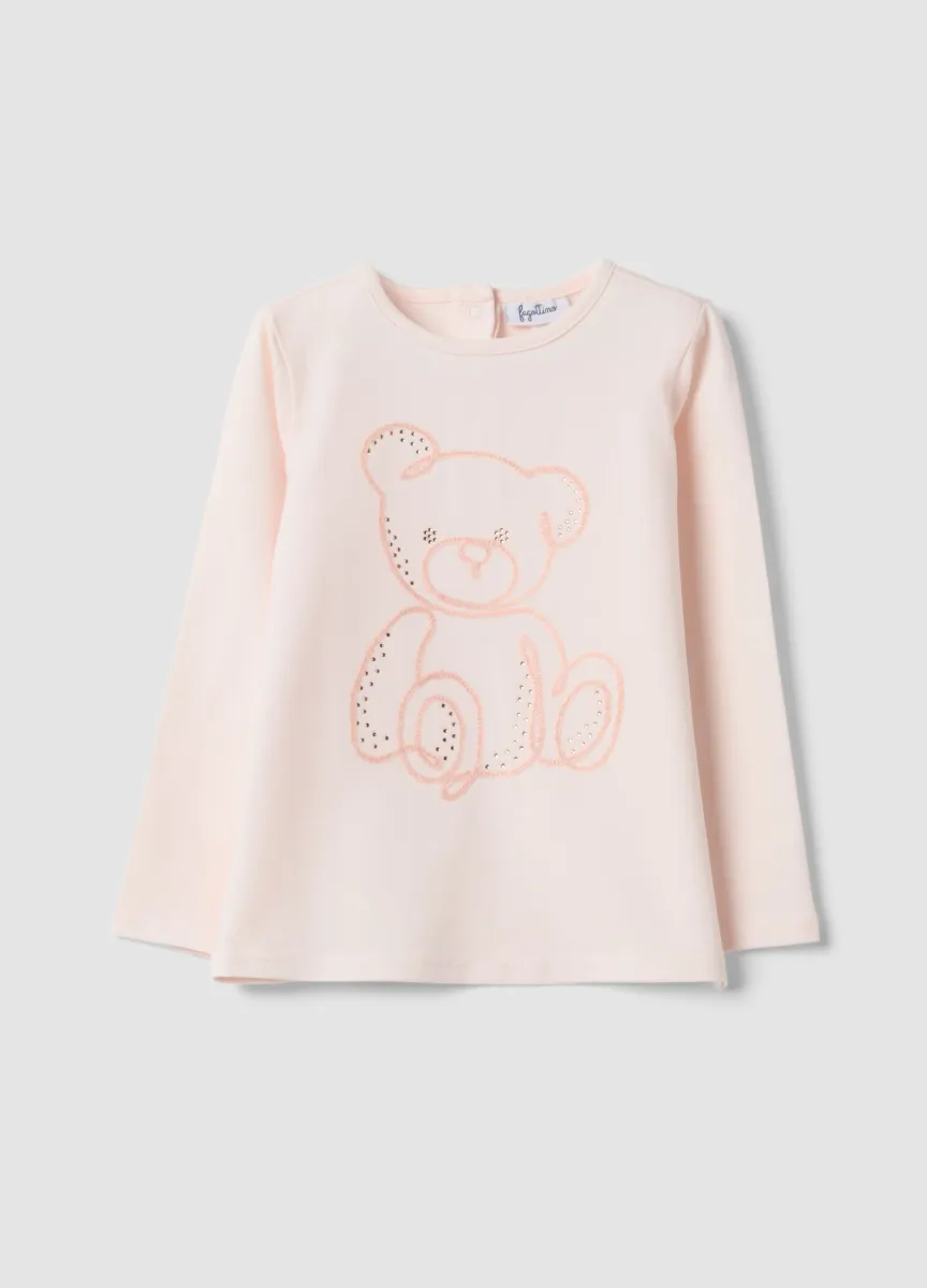 Maglietta rosa in cotone organico elasticizzato con ricamo orsetto