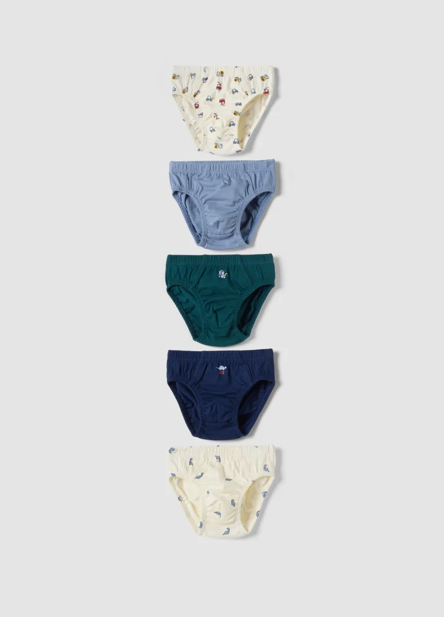 Multipack di cinque slip in puro cotone organico con stampe