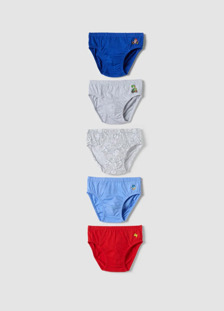 Multipack di cinque slip multicolor in puro cotone organico a tema Mario Kart