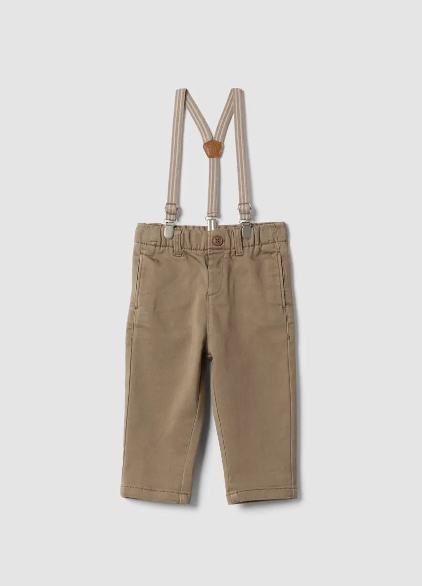 Pantaloni beige in cotone elasticizzato con bretelle regular fit