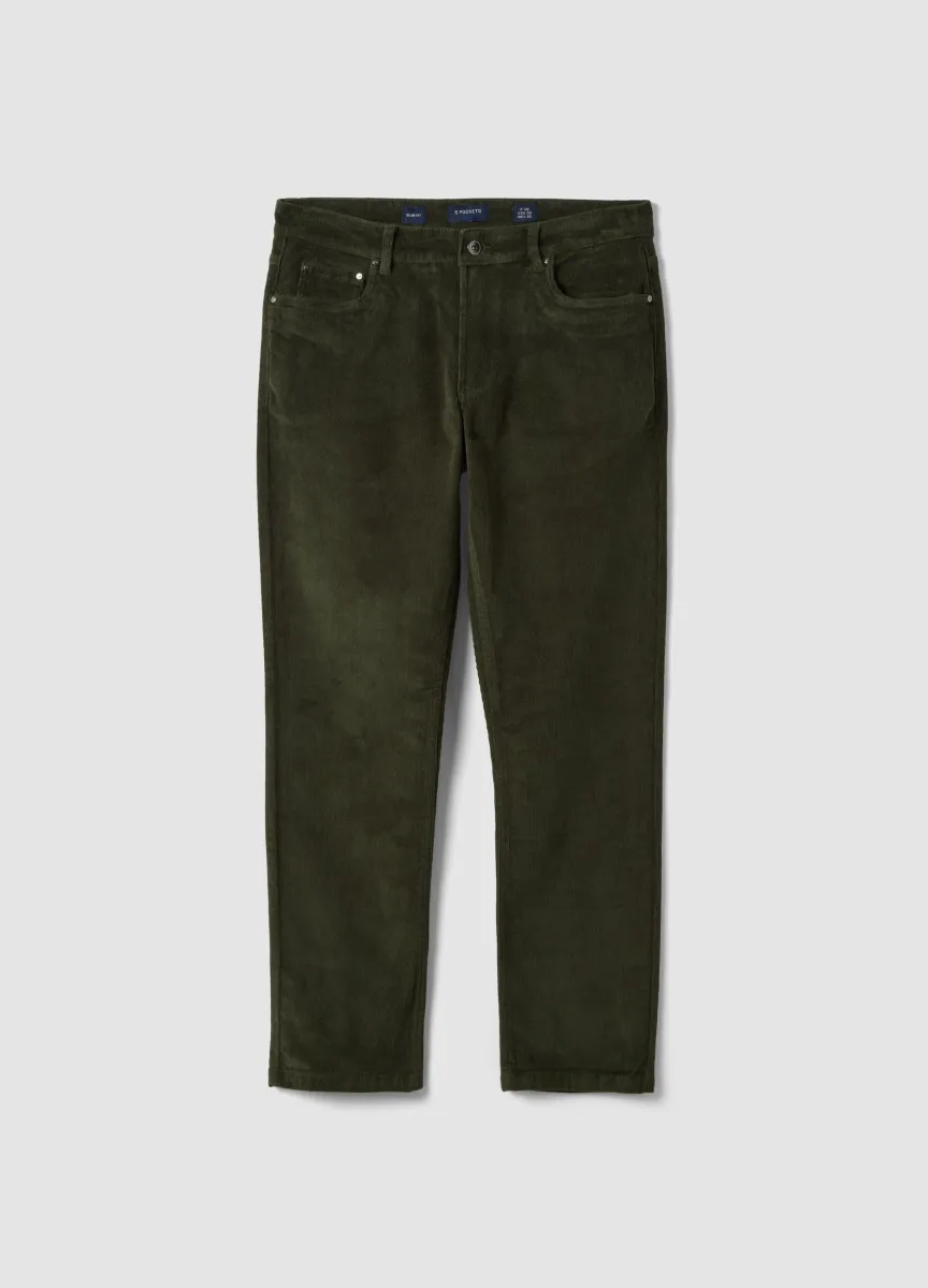 Pantaloni verdi in cotone elasticizzato a coste slim fit