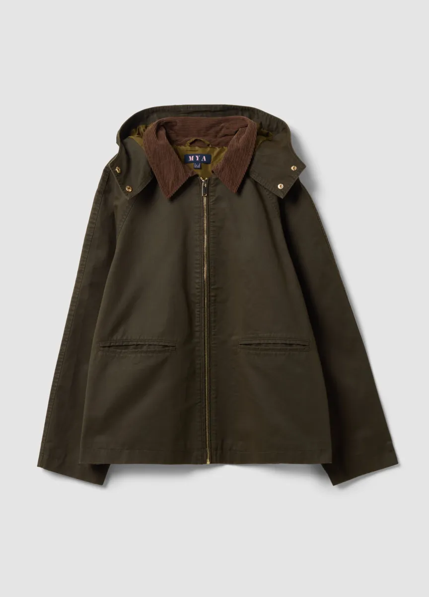 Parka verde in misto cotone con cappuccio removibile