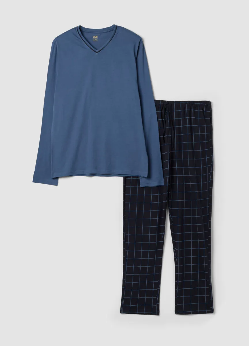 Pigiama blu in puro cotone organico con scollo a V