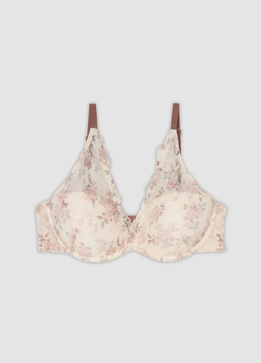 Reggiseno bralette beige imbottito in tessuto elasticizzato con pizzo floreale