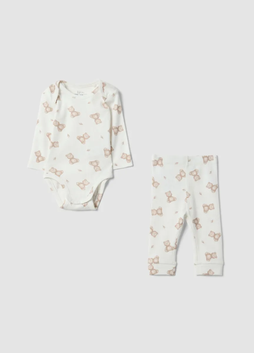 Set bianco in puro cotone organico con body e leggings stampati per neonati