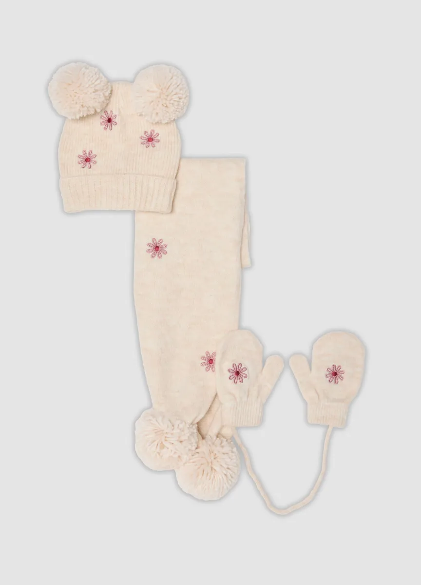 Set cappello, sciarpa e muffole beige in tessuto elasticizzato