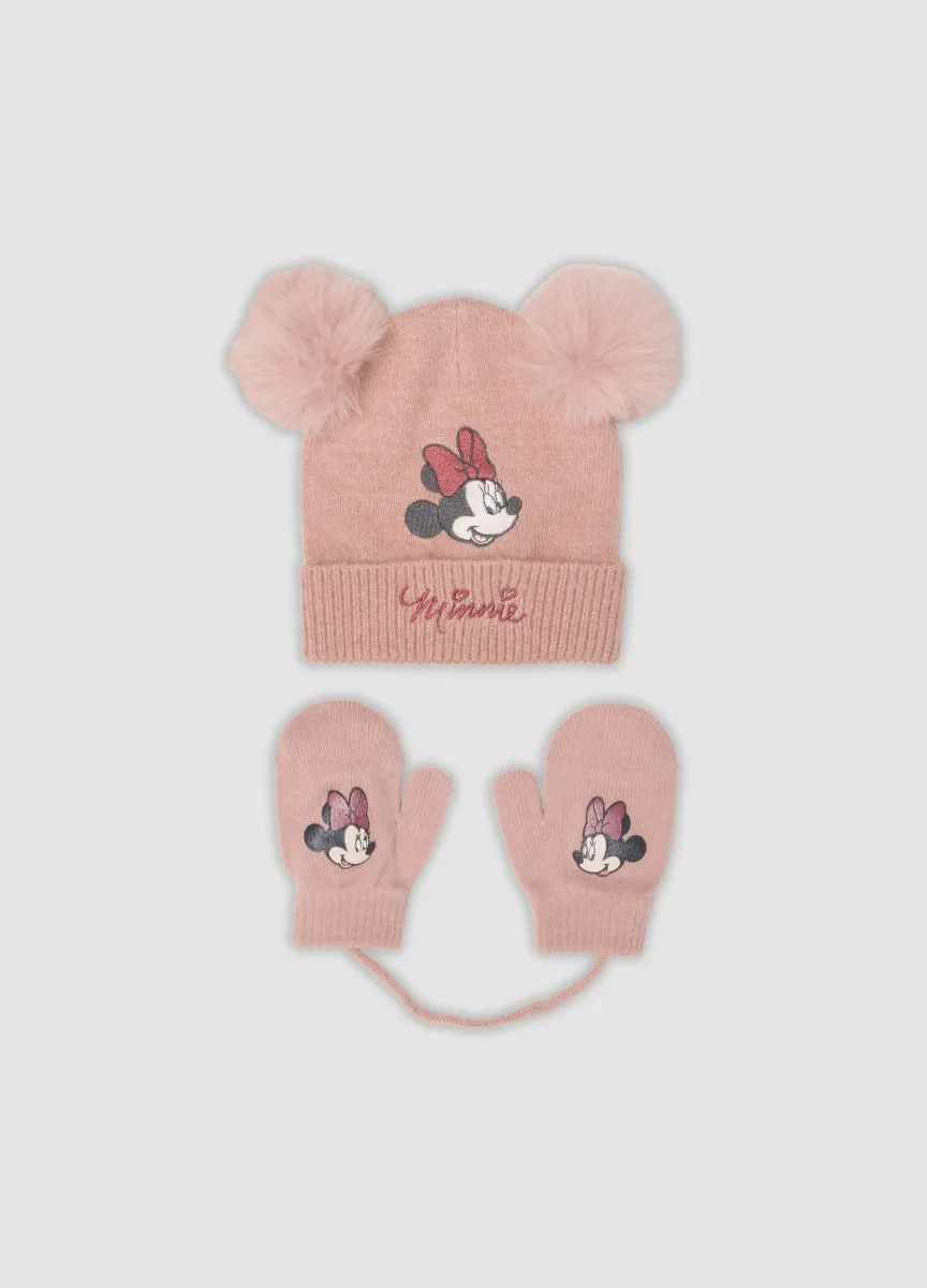 Set viola in tessuto elasticizzato con cappello e muffole a tema Minnie
