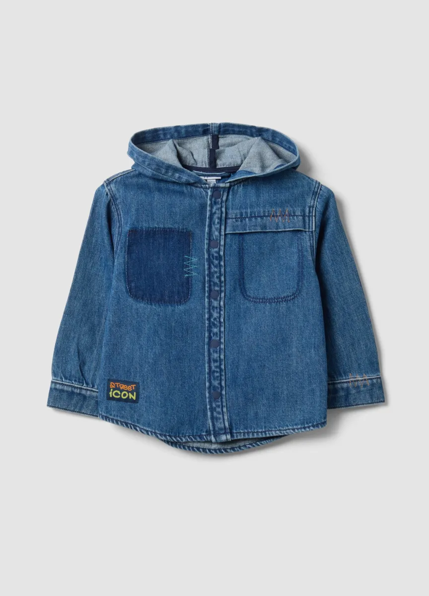Shacket denim blu con cappuccio in misto cotone e viscosa per bimbo