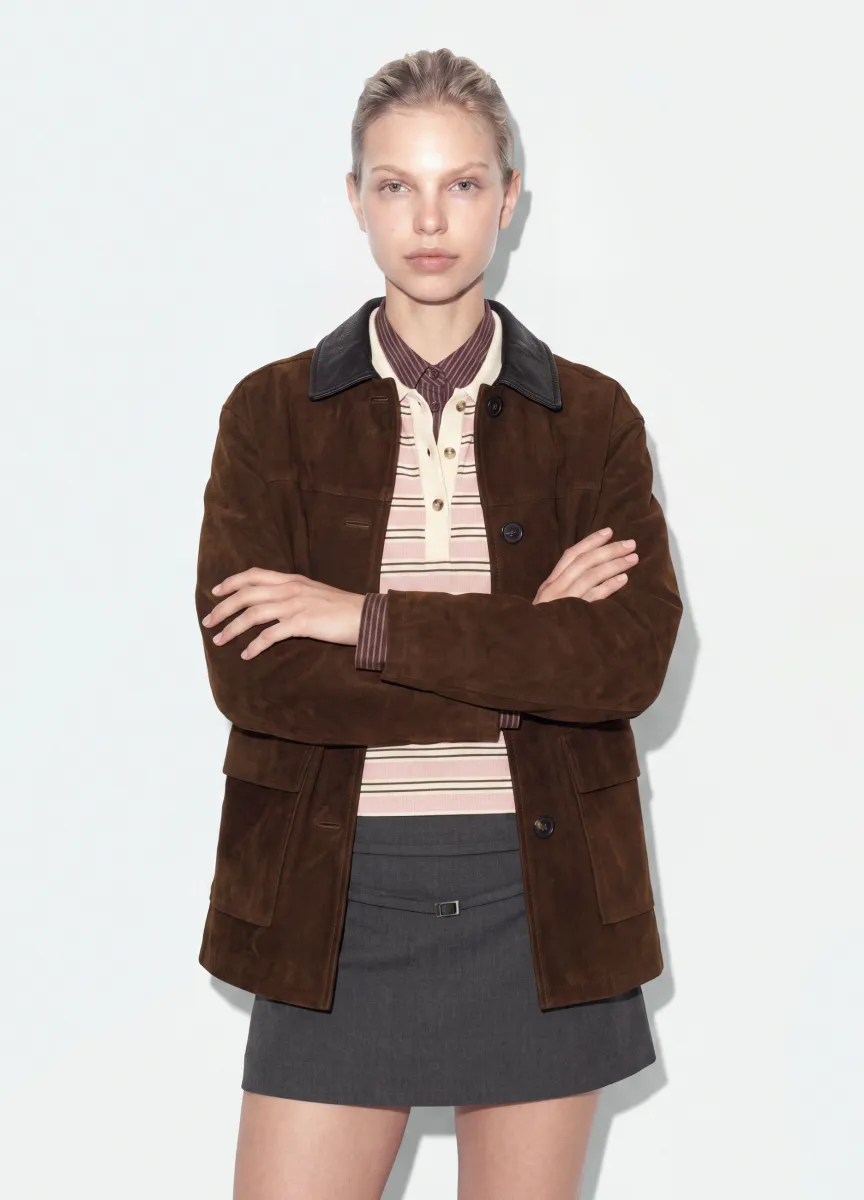 Shacket marrone regular fit con colletto a contrasto