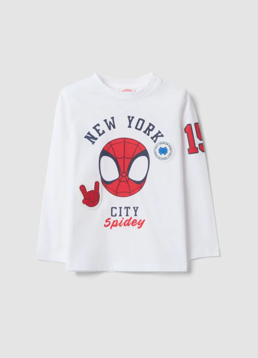 T-shirt bianca a maniche lunghe in puro cotone con stampa MARVEL Spider-Man per bimbo