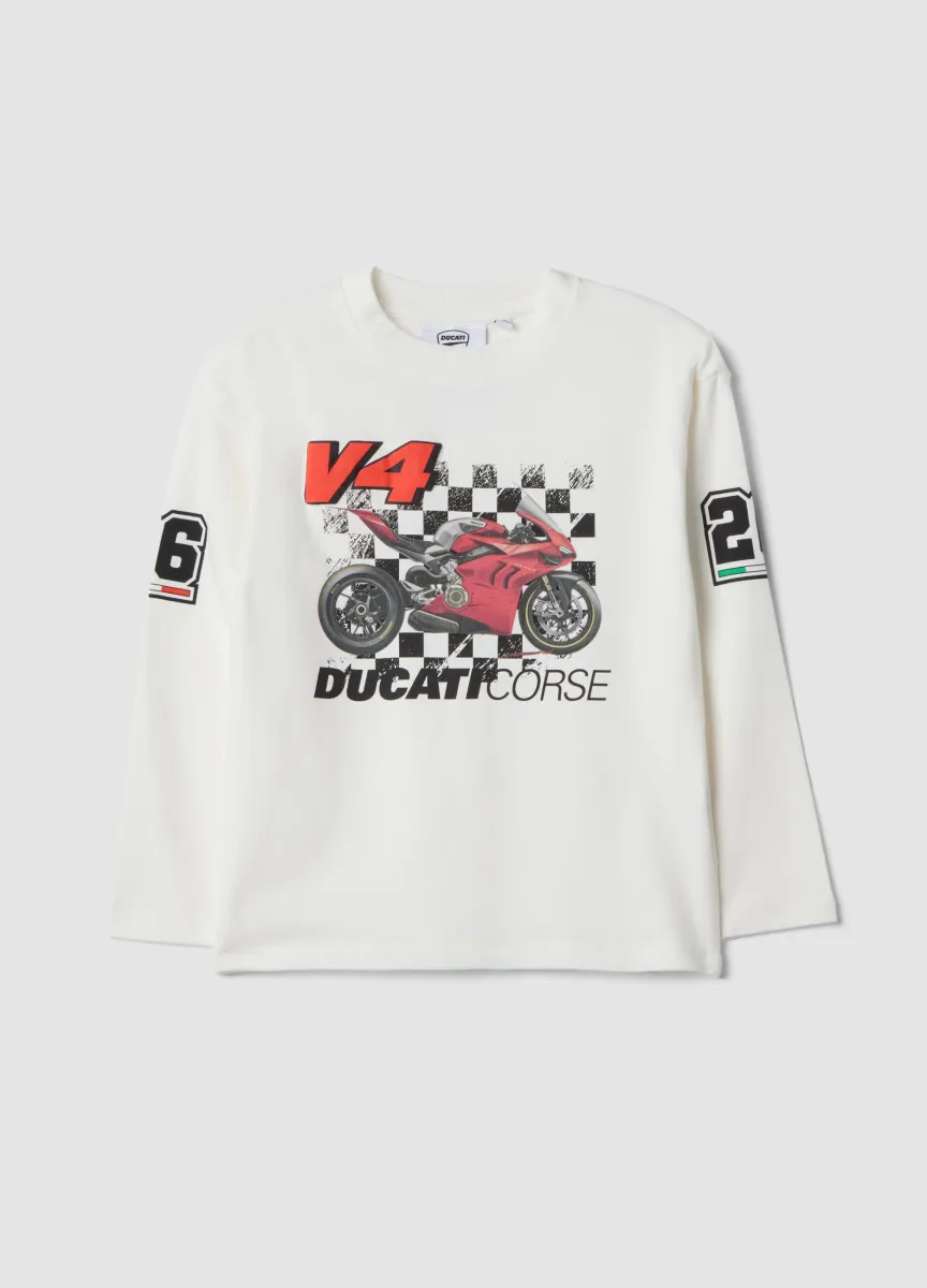 T-shirt bianca in cotone elasticizzato con stampa Ducati per bambino