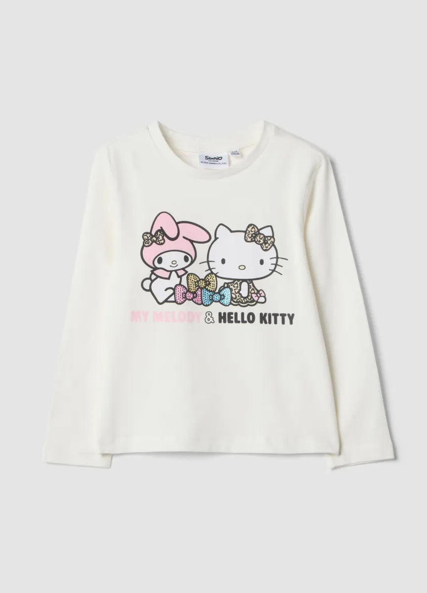 T-shirt bianca in cotone elasticizzato con stampa hello kitty per bambina