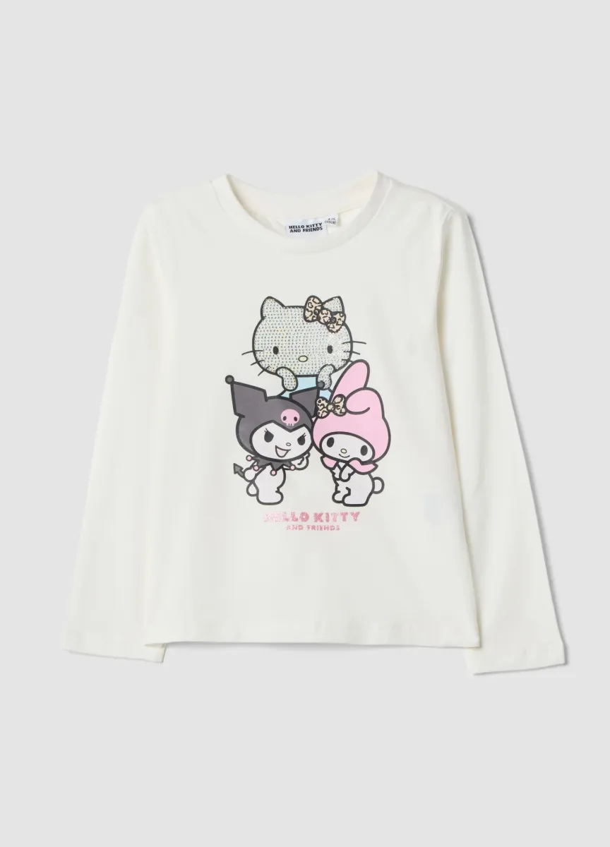 T-shirt bianca in cotone elasticizzato con stampa Hello Kitty per bambina