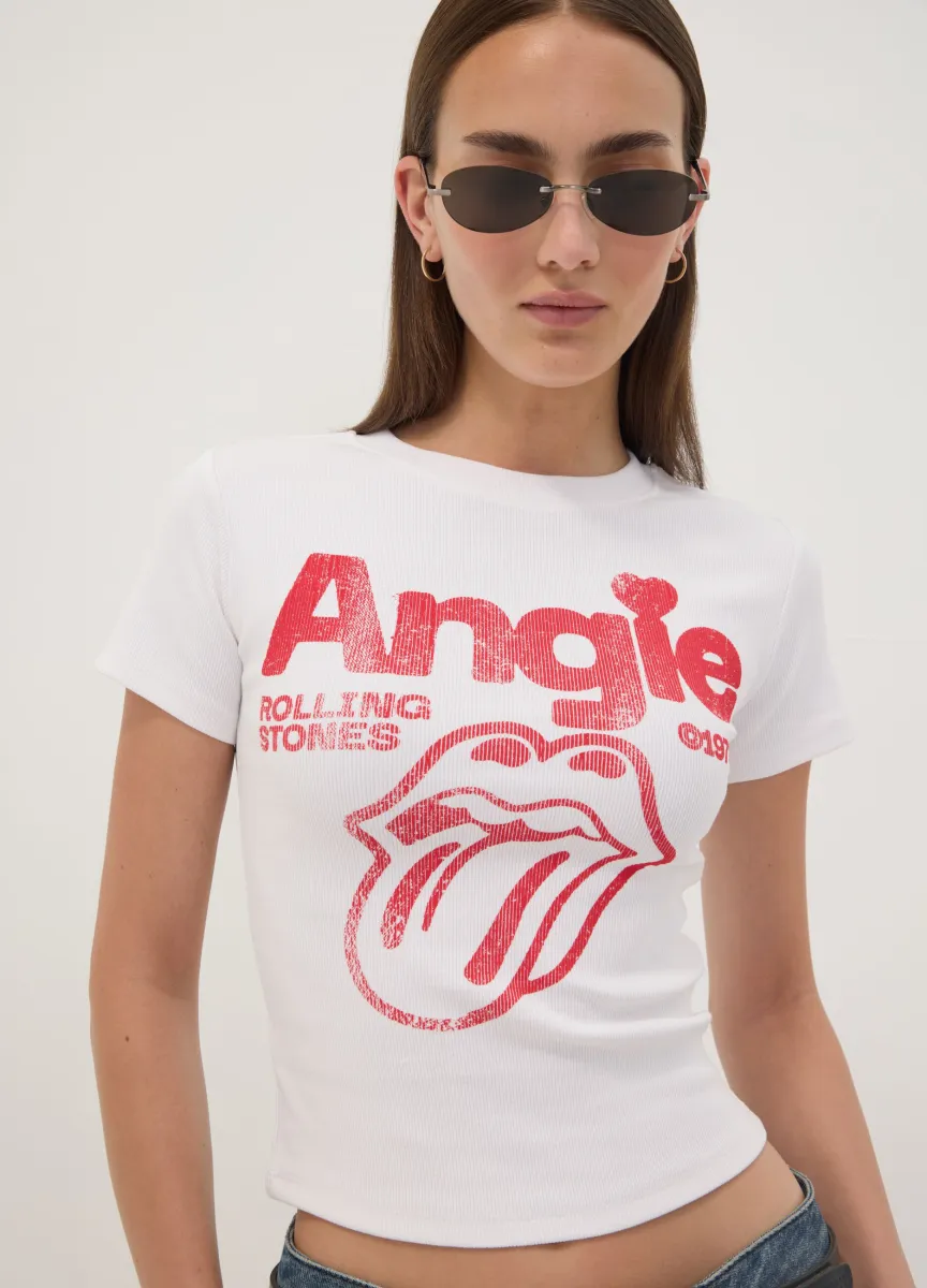 T-shirt bianca in cotone elasticizzato con stampa Rolling Stones