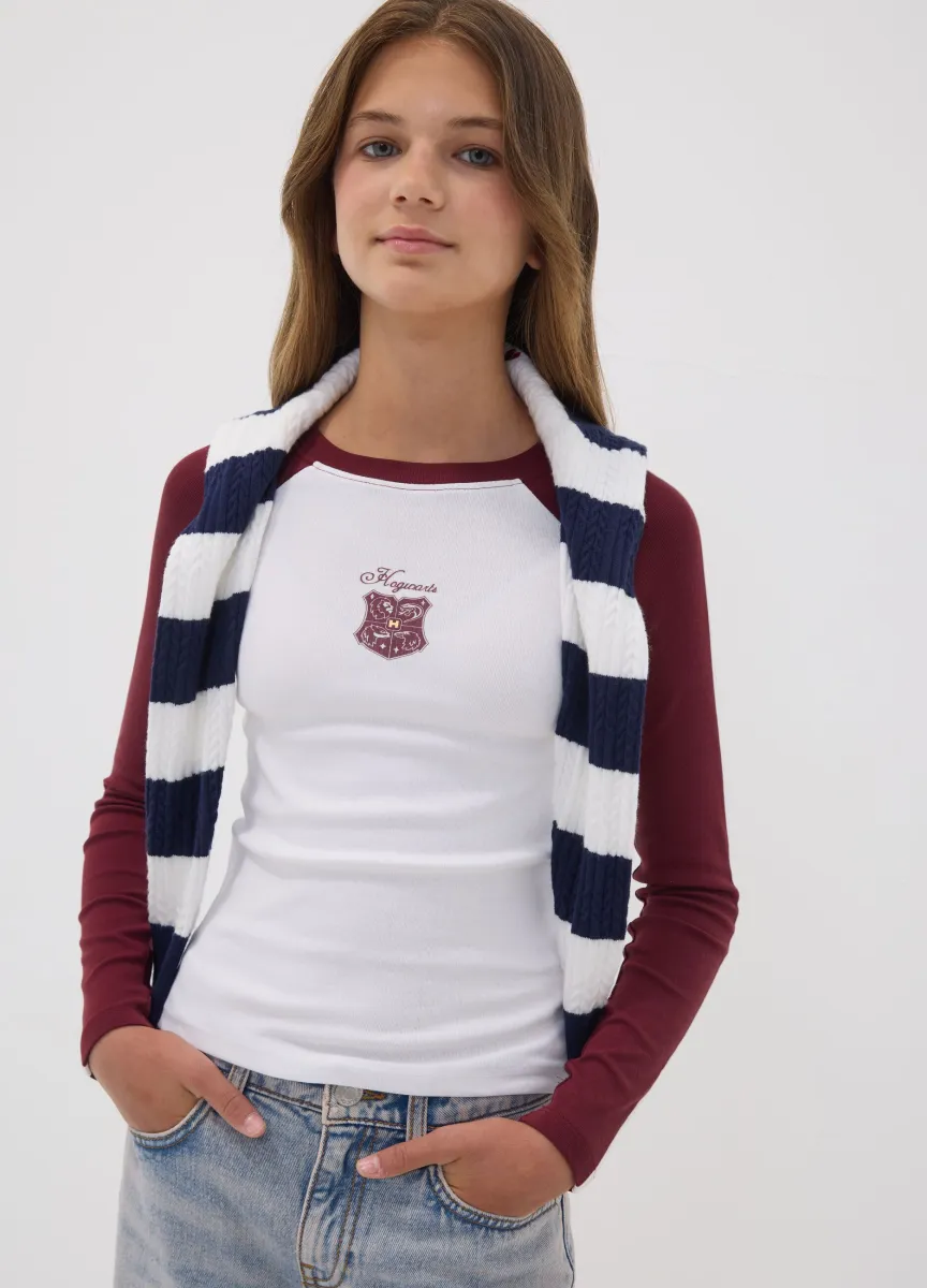 T-shirt bianca in cotone elasticizzato con stemma Hogwarts per ragazza
