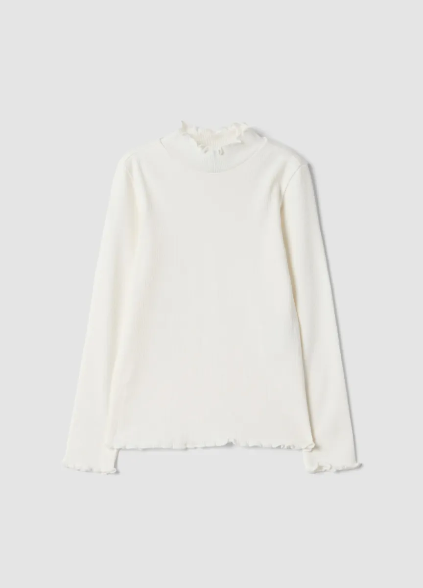 T-shirt bianca in cotone organico elasticizzato Collo rialzato