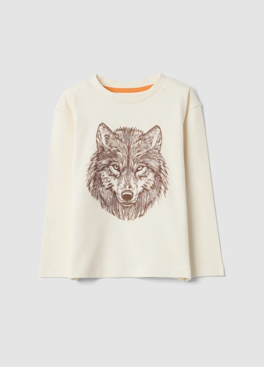 T-shirt bianca in puro cotone con girocollo e stampa lupo over fit