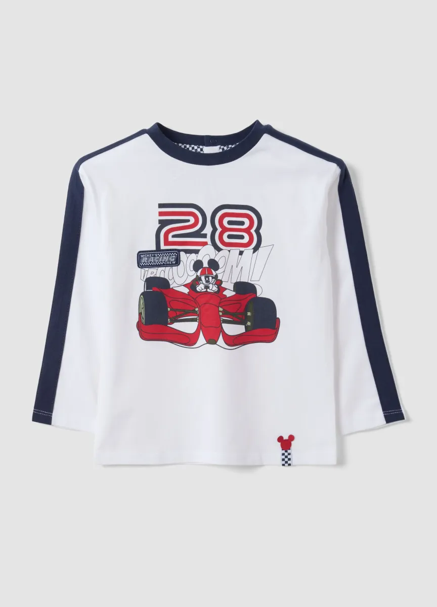 T-shirt bianca in puro cotone con girocollo e stampa Mickey per bimbo