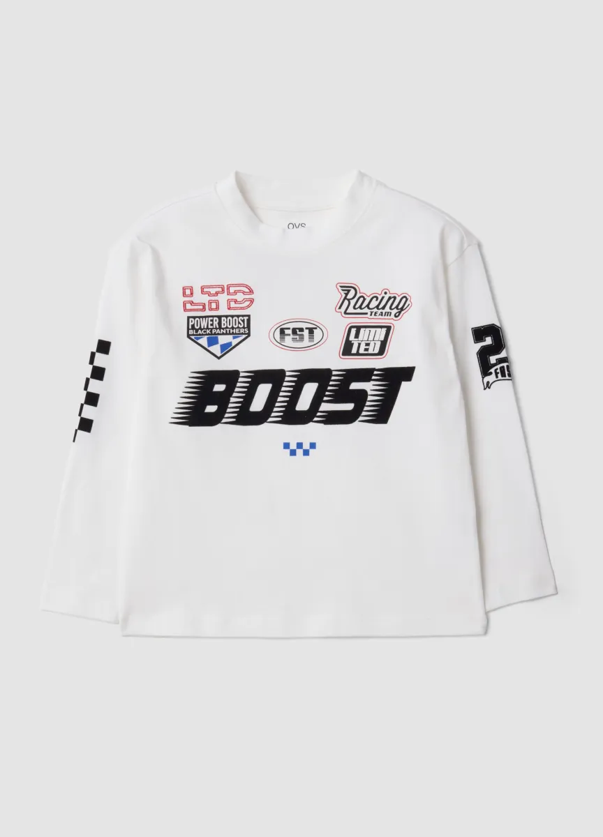 T-shirt bianca in puro cotone con girocollo stampa racing per bambino