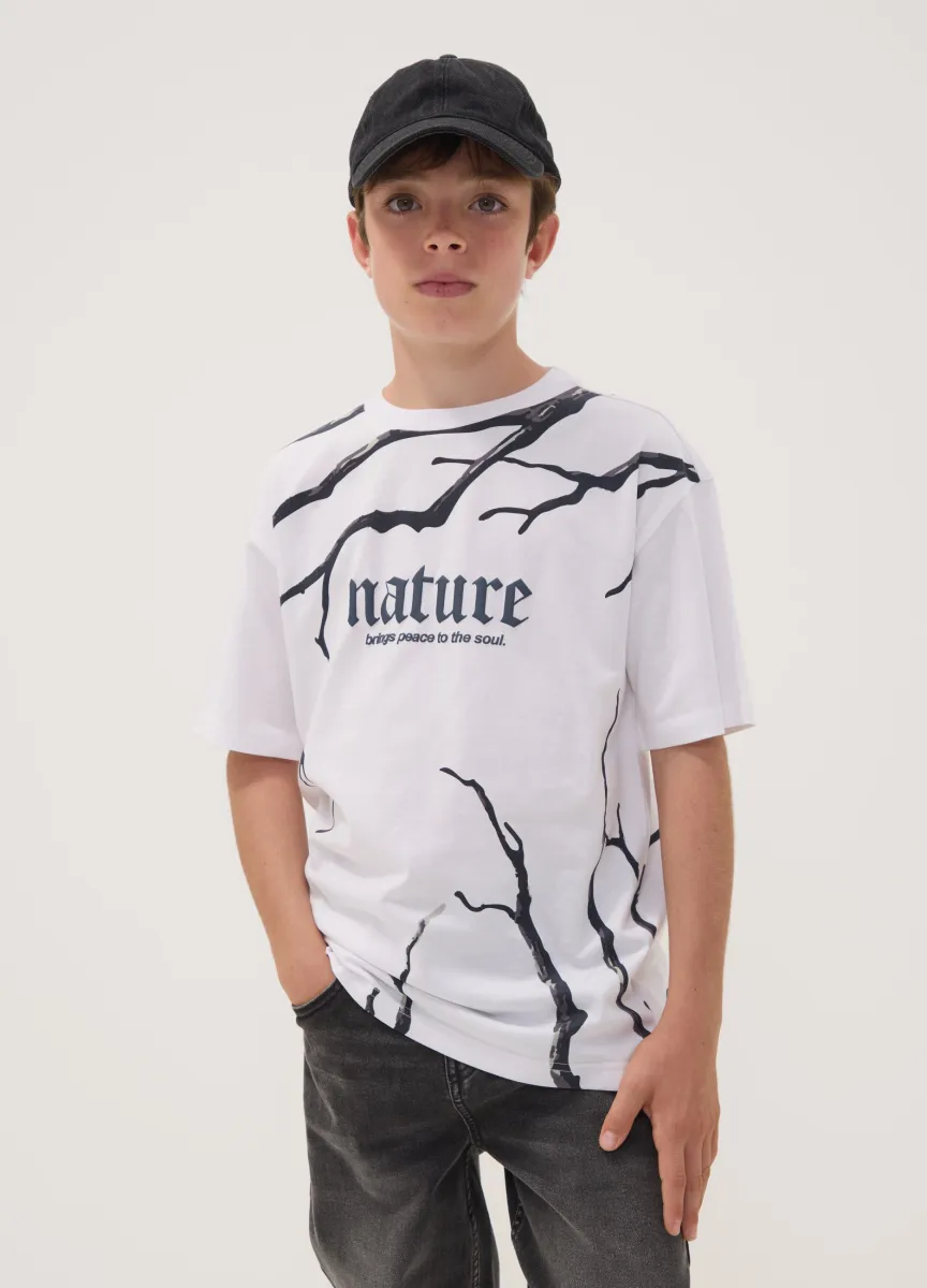 T-shirt bianca in puro cotone con scritta Nature per ragazzo