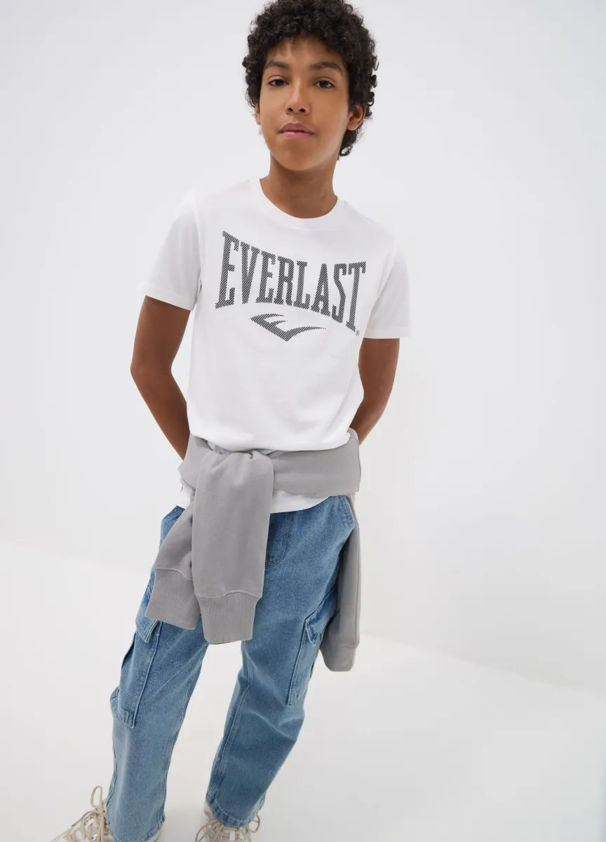 T-shirt bianca in puro cotone con stampa frontale regular fit per ragazzo