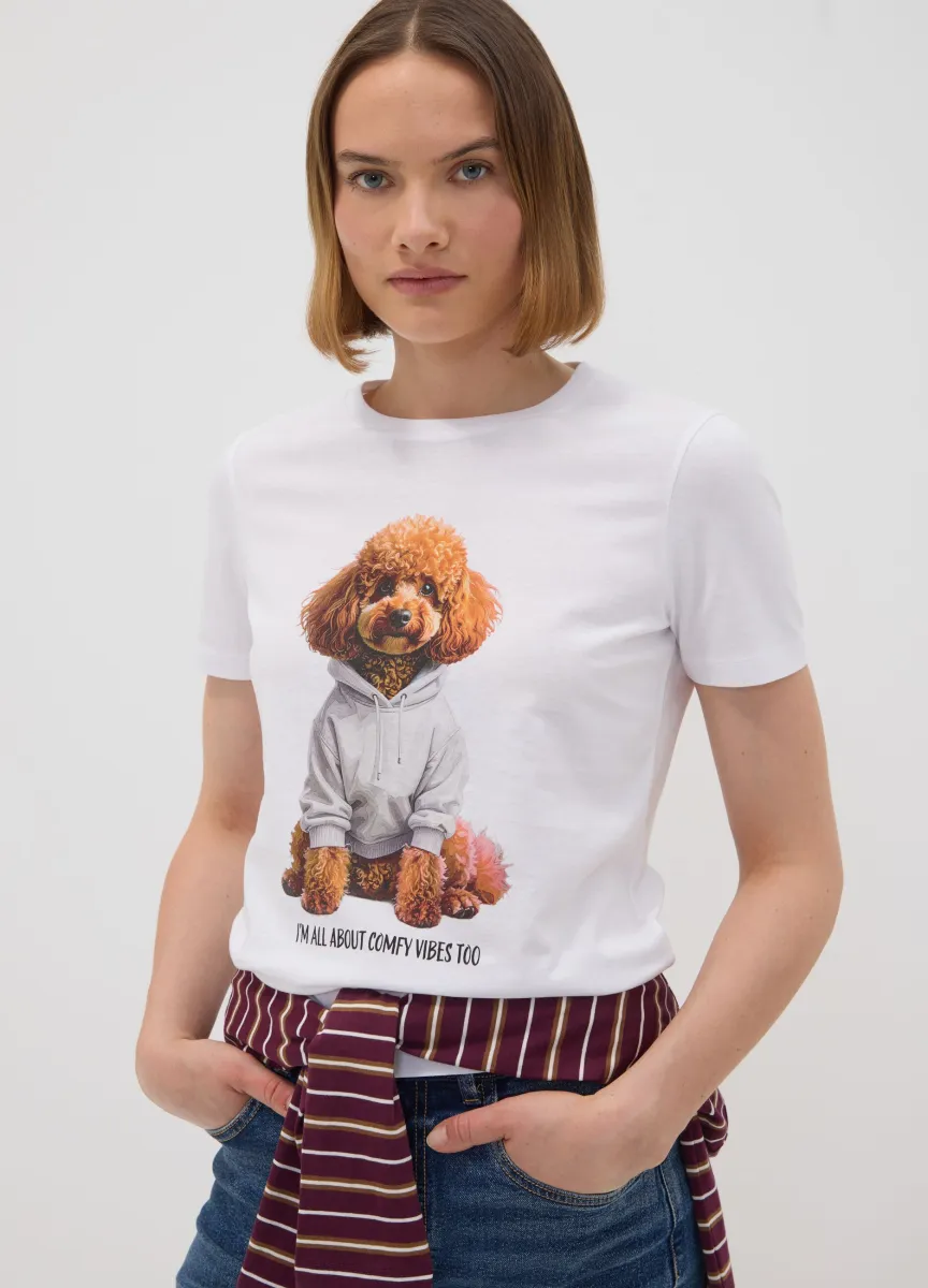 T-shirt bianca in puro cotone jersey e stampa cagnolino regular fit
