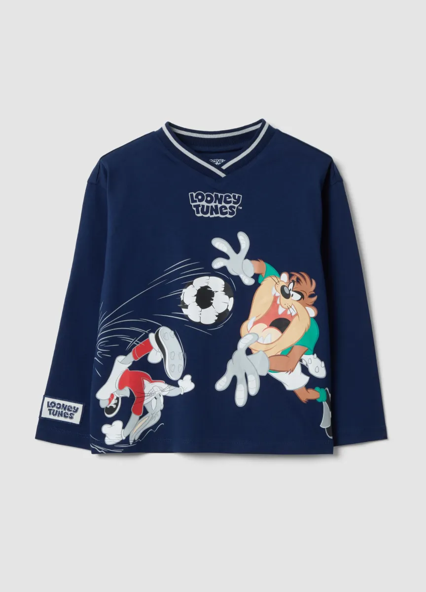 T-shirt blu a maniche lunghe in puro cotone con stampa Looney Tunes per bambino