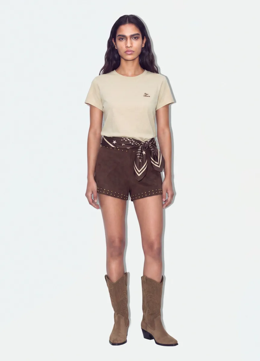 T-shirt crop beige in puro cotone a girocollo con stampa