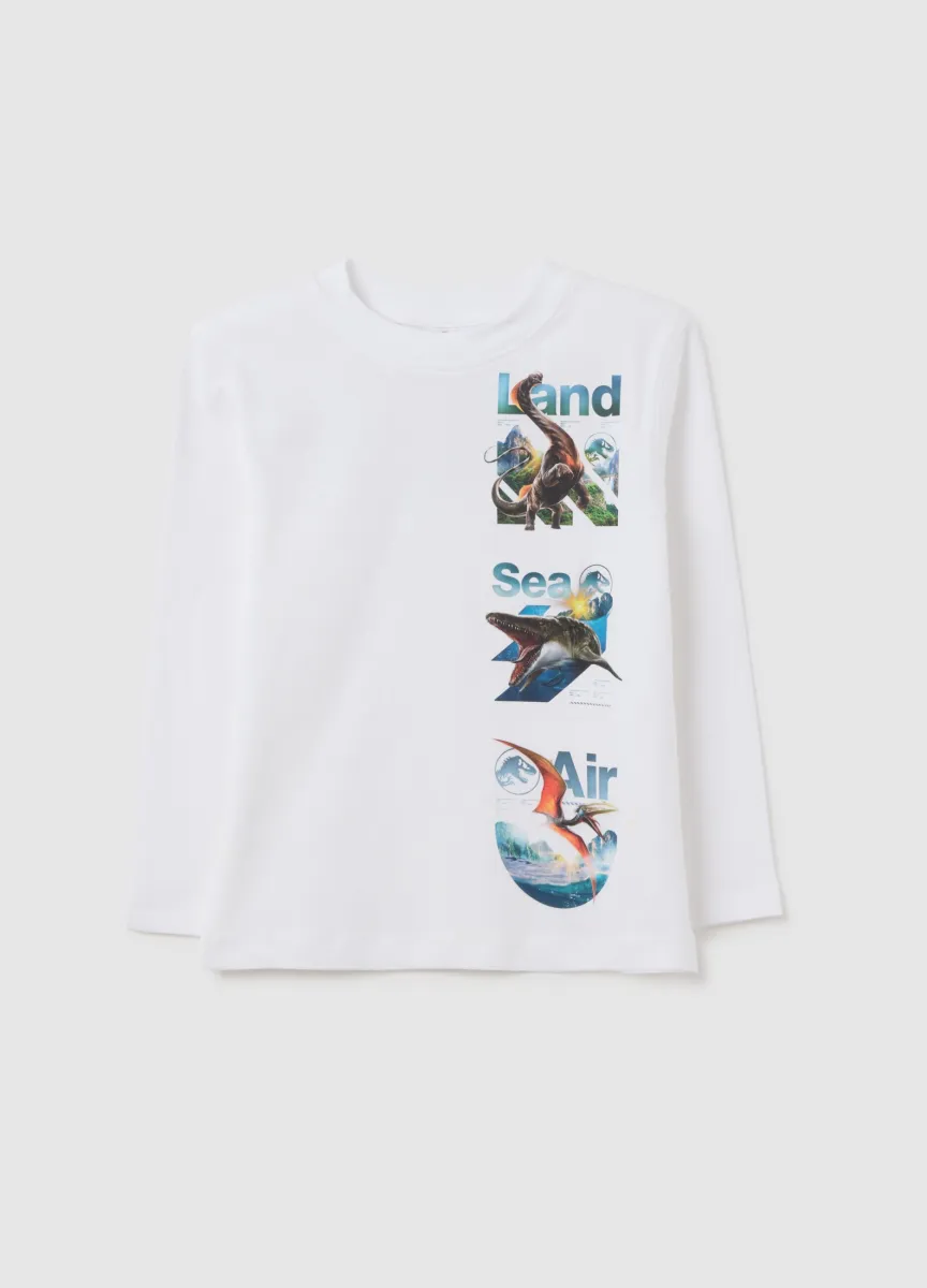 T-shirt da bambino in puro cotone bianca regular fit con stampa Jurassic World