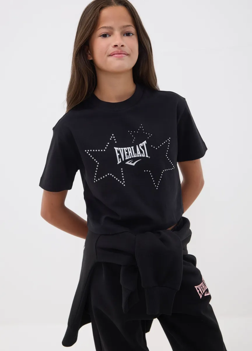 T-shirt nera cropped in puro cotone con stelle applicate per ragazza