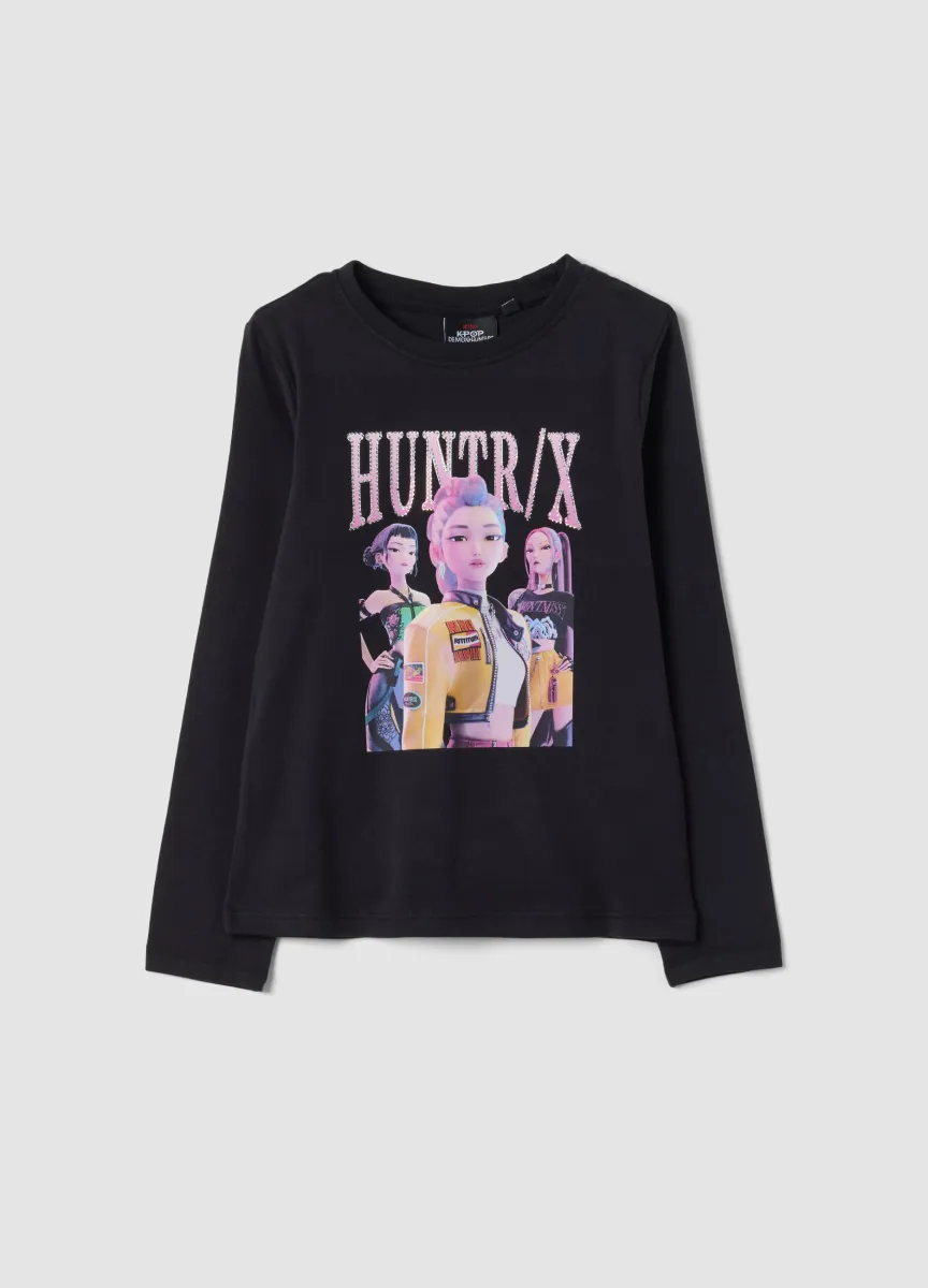 T-shirt nera in cotone elasticizzato con stampa K-Pop Demon Hunters