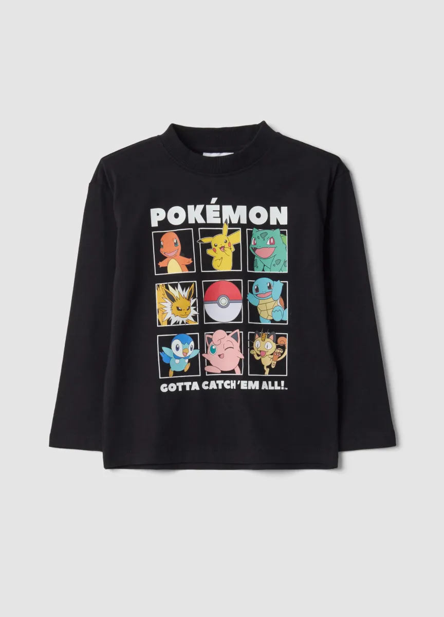 T-shirt nera in puro cotone con girocollo e stampa Pokémon