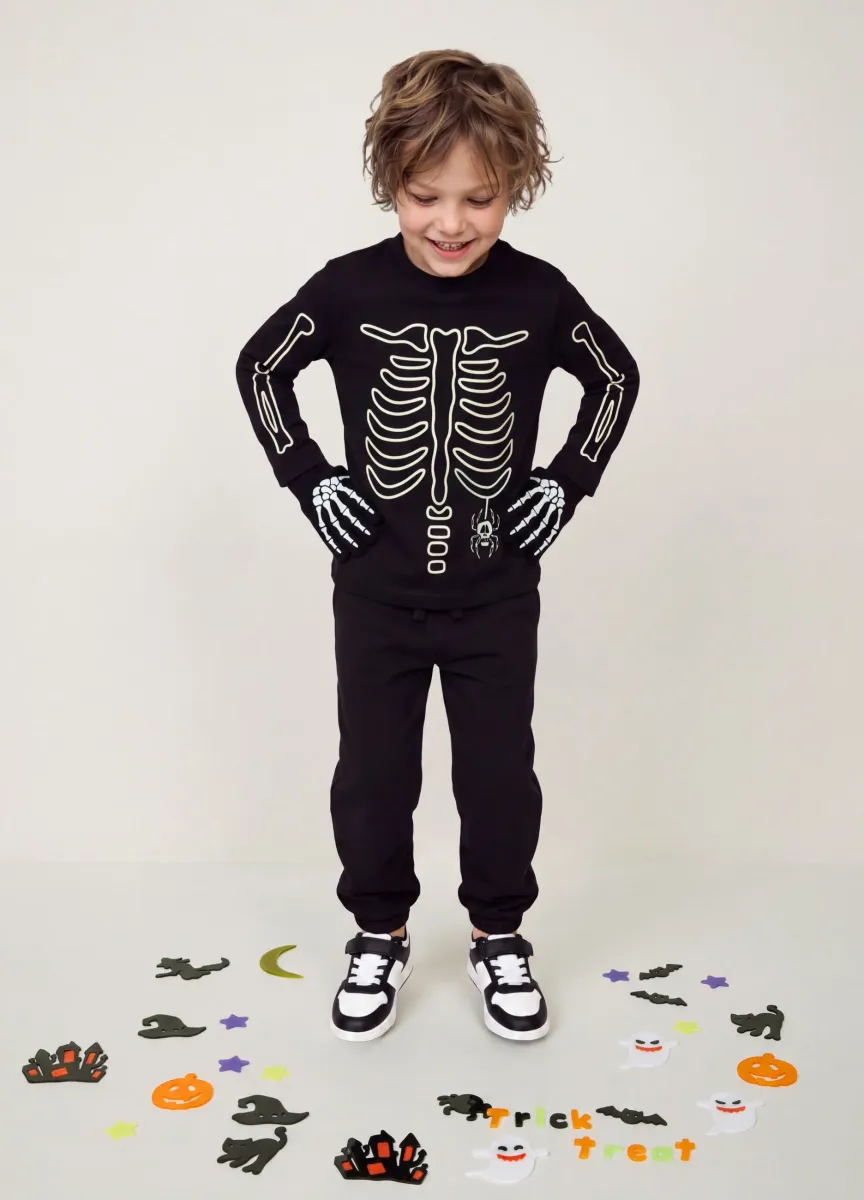 T-shirt nera in puro cotone con girocollo e stampa scheletro